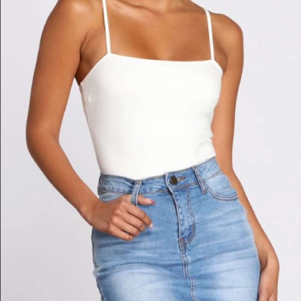 White bodysuit, straight neckline